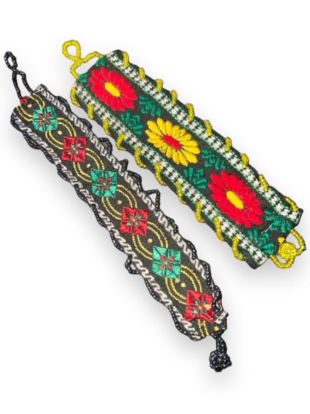 Handwoven Floral Embroidered Friendship Bracelets - Green, Black, Red & Yellow